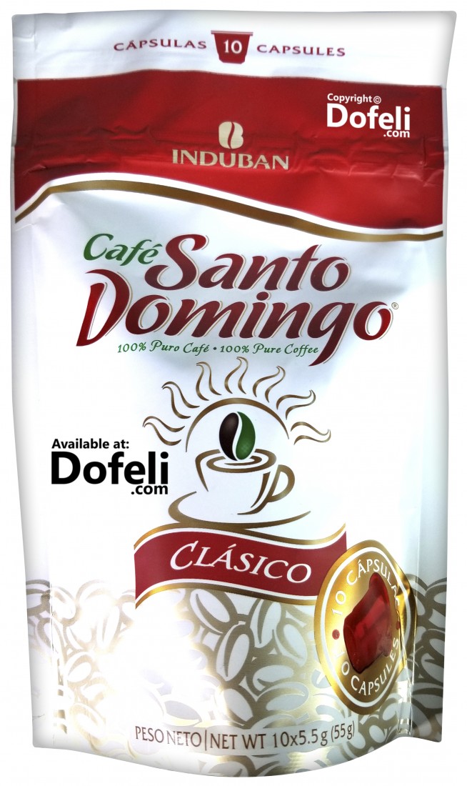 Santo Domingo Dominican ground coffee capsules for espresso, packed for freshness. Rich aroma and bold taste.